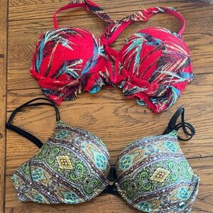 Tropical Red Printed Push-Up Bikini Top & Green Paisley Push-Up Top